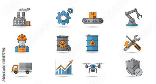 Industrial Icons Set Manufacturing Technology Automation.