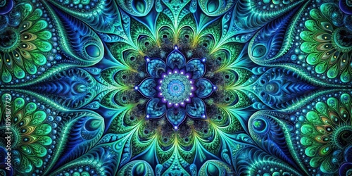 Intricate Teal and Emerald Fractal Mandala Design Featuring a Central Floral Motif and Ornate, Repeating Patterns