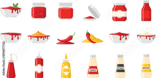 Sauce and Condiment Vector Set with Ketchup Mustard Mayonnaise Chili Bottles and Bowls