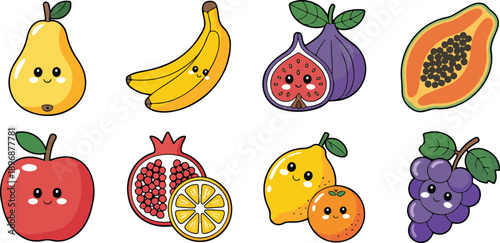 Cute Kawaii Fruit Characters with Funny Faces Minimal Line Vector Set