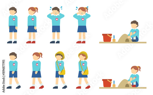 フラットイラスト：スモックを着た男の子と女の子セット