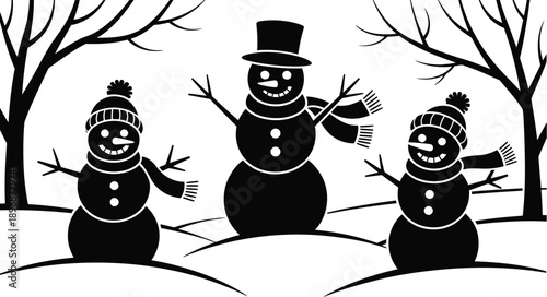 Three cheerful snowmen wearing hats and scarves stand happily in a snowy winter landscape with bare trees.