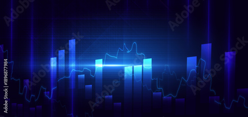 Finance chart stock market growth glowing light effect on dark blue background.