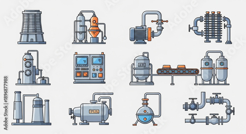 Industrial machinery and equipment set for manufacturing processes.
