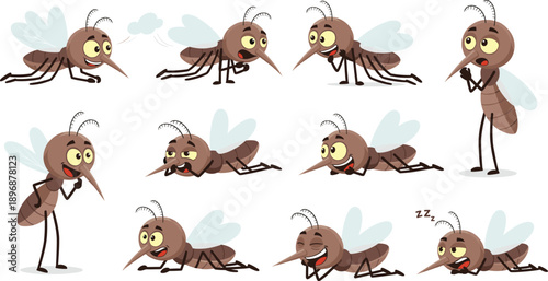 Cute Mosquito Cartoon Character Vector Set with Funny Expressions and Multiple Poses