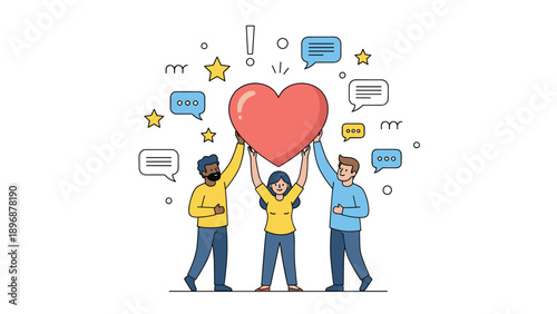 Diverse team of three people works together to hold up a massive red heart, surrounded by stars and communication bubbles in a show of unity.