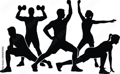 Multiple silhouettes of diverse individuals performing various fitness exercises including lunges and weight lifting.
