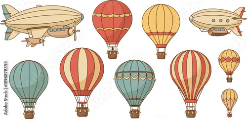 Vintage Hot Air Balloons and Airships Vector Set with Retro Flying Travel Illustration