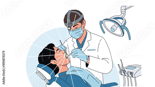 Professional male dentist wearing a mask and headlamp carefully examines a female patient s teeth in a modern and clean dental clinic.