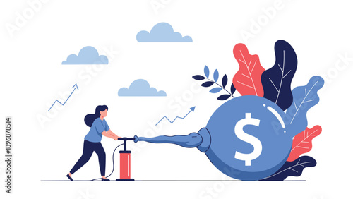 Determined woman uses a hand pump to inflate a massive blue balloon featuring a white dollar sign symbol to represent financial growth.