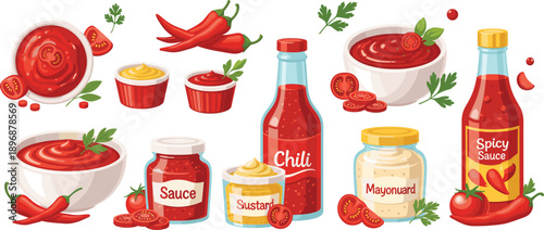Sauce and Condiment Collection Vector Set with Chili Ketchup Mustard and Spicy Dressing Bottles