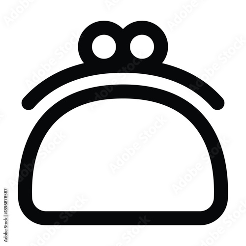 Black outline illustration of a purse wallet with clasp. Simple line style representing finance, money storage, shopping activities, and personal expenses on white background.