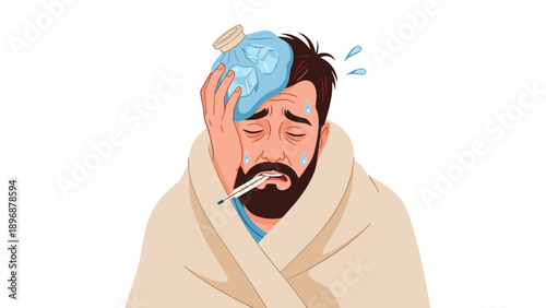 Sick man with a beard looks miserable with an ice pack on his head and a thermometer in his mouth while shivering under a warm blanket.