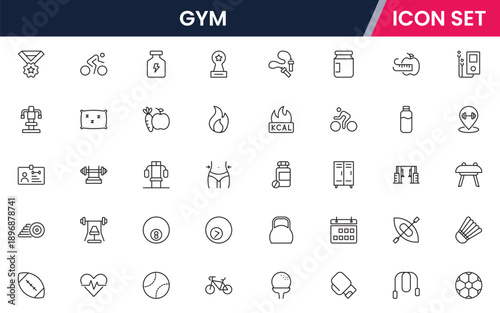 Gym icons depicting fitness, exercise, workout equipment, dumbbells, treadmills, yoga, strength training, health, wellness, cardio, personal training, motivation, stretching
