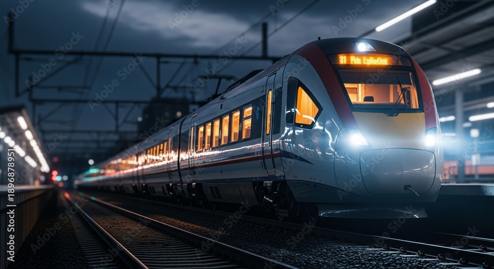 Fototapeta premium Electric train at railway station platform at night