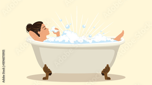 Beautiful woman finds ultimate relaxation and serenity while soaking in a luxurious clawfoot bathtub filled with thick white bubbles.