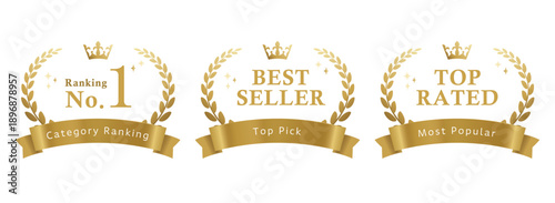 Gold Ranking No.1 and Best Seller Award Badges with Crown and Laurel