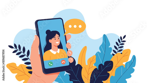 Hand holds a modern smartphone displaying a live video call with a smiling young woman against a background of colorful foliage.