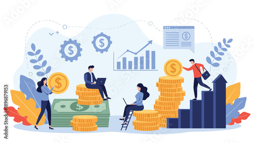 Group of hardworking people manages financial assets and investments while sitting on stacks of gold coins and green banknotes.