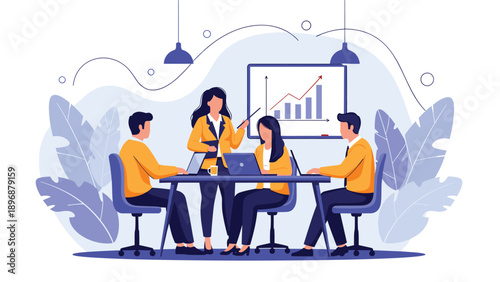 Professional business team collaborates during a productive meeting while analyzing a growth chart displayed on a white board.