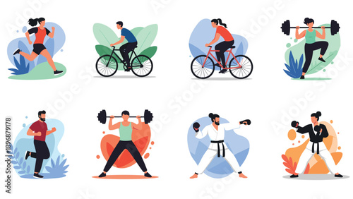 Large grid shows diverse people participating in various healthy activities like running, cycling, weightlifting, and martial arts.