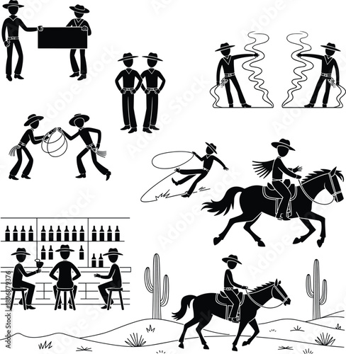 Cowboy stick figure icons set featuring western ranch activities, horse riding, rodeo lassoing, desert saloon bar, and lawman gunfight scenes, collection