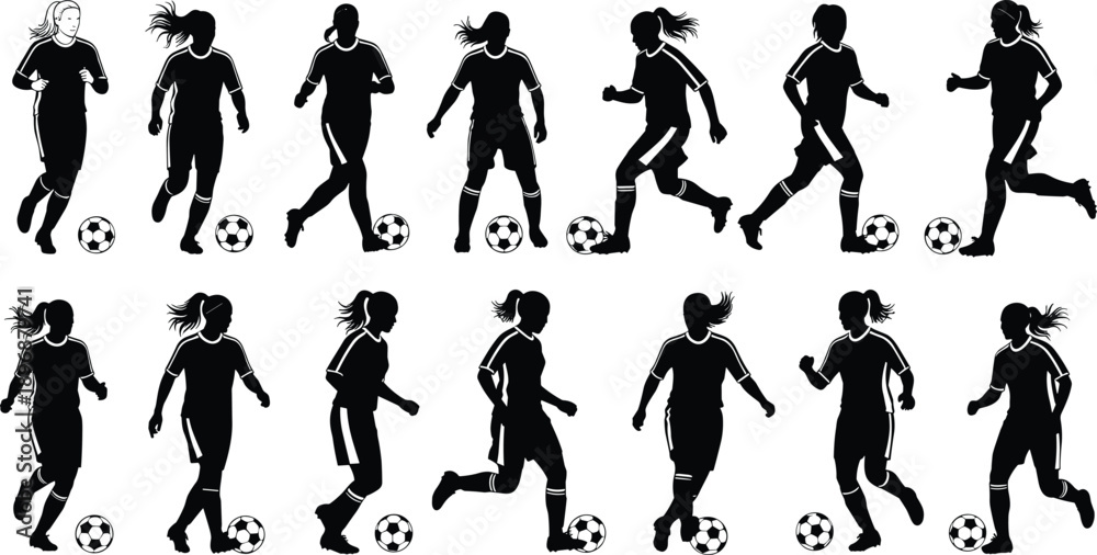 Fototapeta premium Female soccer player silhouette collection, women’s football vector set, sports action icons, athletic movement illustration, competitive game design - flat vector illustration