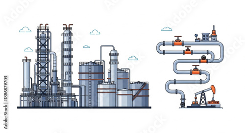 Industrial oil refinery complex with pipelines and oil pump.