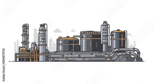 Industrial Oil Refinery Plant with Storage Tanks and Pipes.