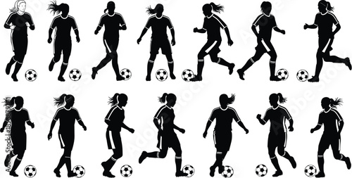 Female soccer player silhouette collection, women’s football vector set, sports action icons, athletic movement illustration, competitive game design - flat vector illustration