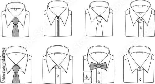 Dress shirt collar silhouette set, fashion vector icons, tie bow tab zipper styles, apparel design illustration, clothing accessory elements - flat vector illustration