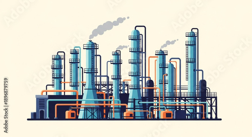 Industrial oil refinery complex with tall towers and pipes.