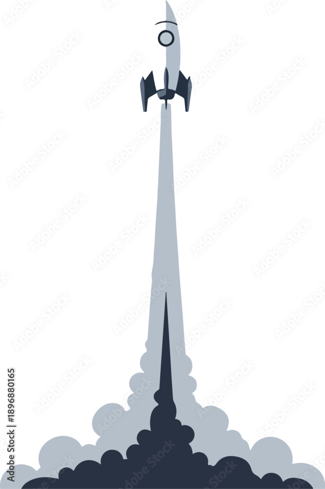 Fototapeta premium A rocket with a smoke trail launching into the air, depicted in a vector illustration with a dark and light gray color scheme on a white background. Perfect for presentations, educational