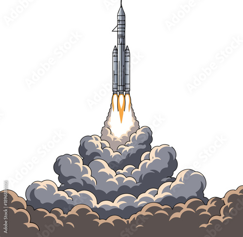 A rocket launching into the air with a trail of smoke and flames, depicted in a vector illustration with a gray and orange color scheme on a white background. Perfect for space exploration,