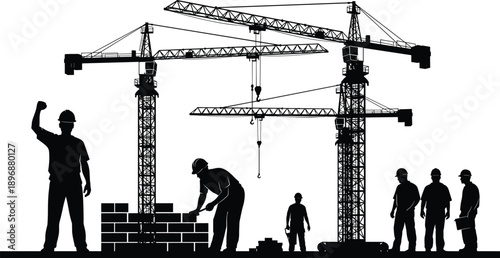 Construction site silhouettes with tower cranes and workers building masonry walls, isolated on white background for industrial development concepts