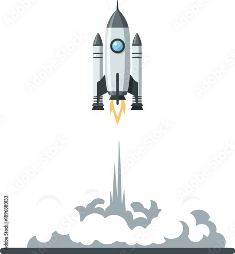 A vector illustration of a rocket launch with a smoke trail, depicted in a simple and stylized manner with gray and orange tones. Perfect for space exploration, educational materials, and