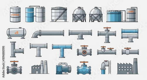 Industrial pipes and tanks collection for manufacturing and storage.