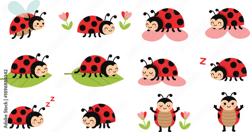 Fototapeta premium Cute Ladybug Cartoon Character Vector Set with Sleeping Walking and Funny Poses