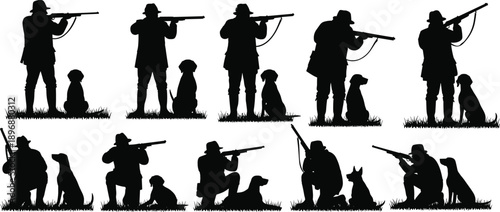 Collection of hunter silhouettes with dogs and rifles in multiple poses isolated on white background for hunting concepts
