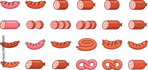 Set of cartoon sausage and salami illustrations in various shapes and slices, colorful meat product vector icons for food, deli, butcher, and cuisine
