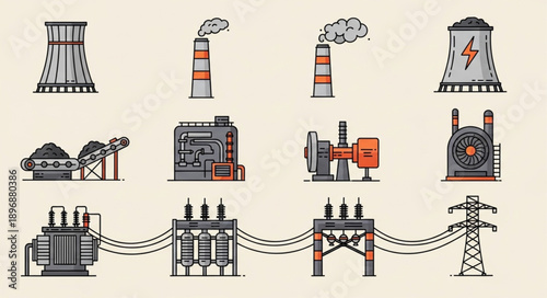Industrial power generation and distribution system icons.