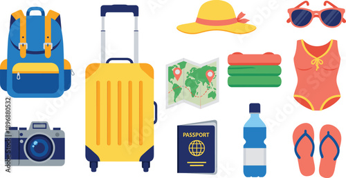 Travel Vacation Accessories Vector Set with Luggage Backpack Camera Passport and Summer Items