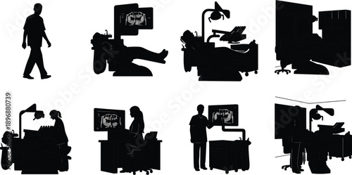 Set of dental clinic silhouettes showing dentist, patient and treatment equipment in various procedures, isolated on white background