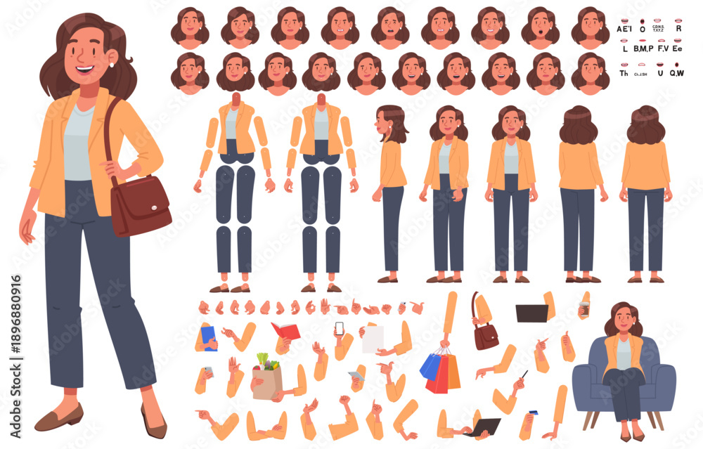 Obraz premium Constructor of woman character with various poses and emotions