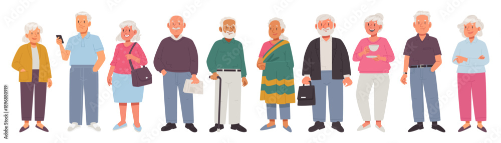 Obraz premium Happy elderly people in full height on a white background. Vector illustration in a flat style