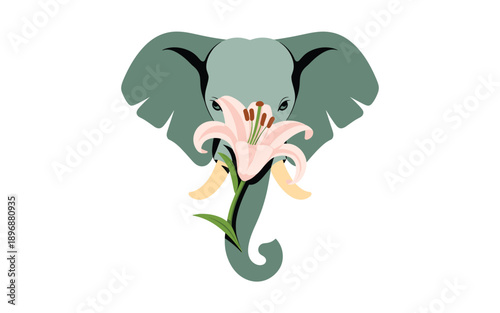 A minimalist vector illustration of an elephant's head with a lily flower in its trunk on a white background
