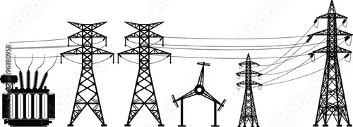 Set of high voltage electricity transmission towers, transformer and power lines silhouettes, isolated on white background for energy infrastructure concepts