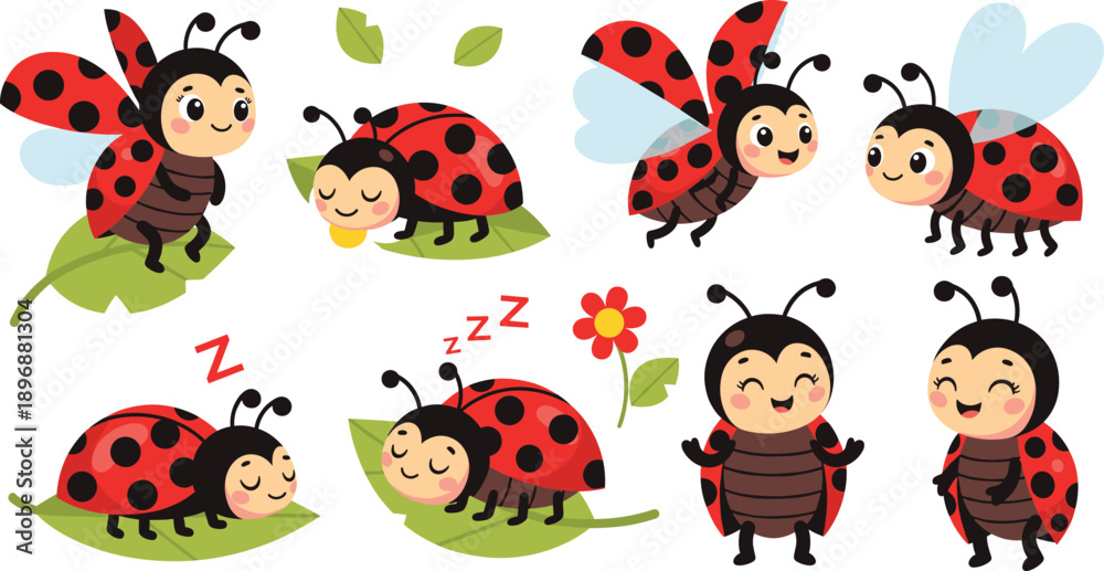Naklejka premium Cute Ladybug Cartoon Character Vector Set with Funny Poses for Kids Illustration
