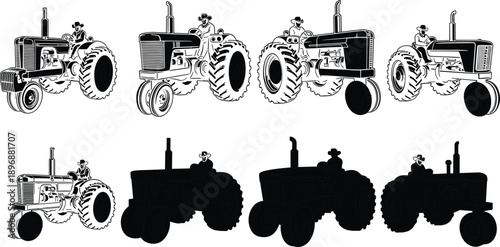 Vintage farm tractor illustrations in multiple views with farmer driver, detailed agricultural machinery set isolated on white background