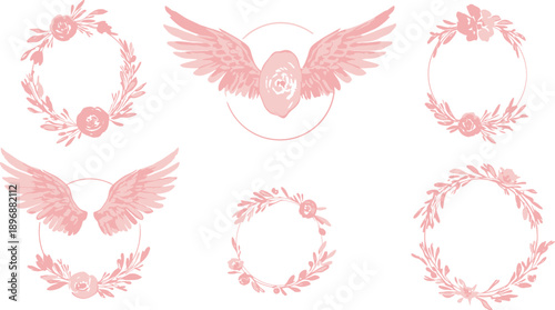 Pink watercolor angel wings and floral wreath designs on white background